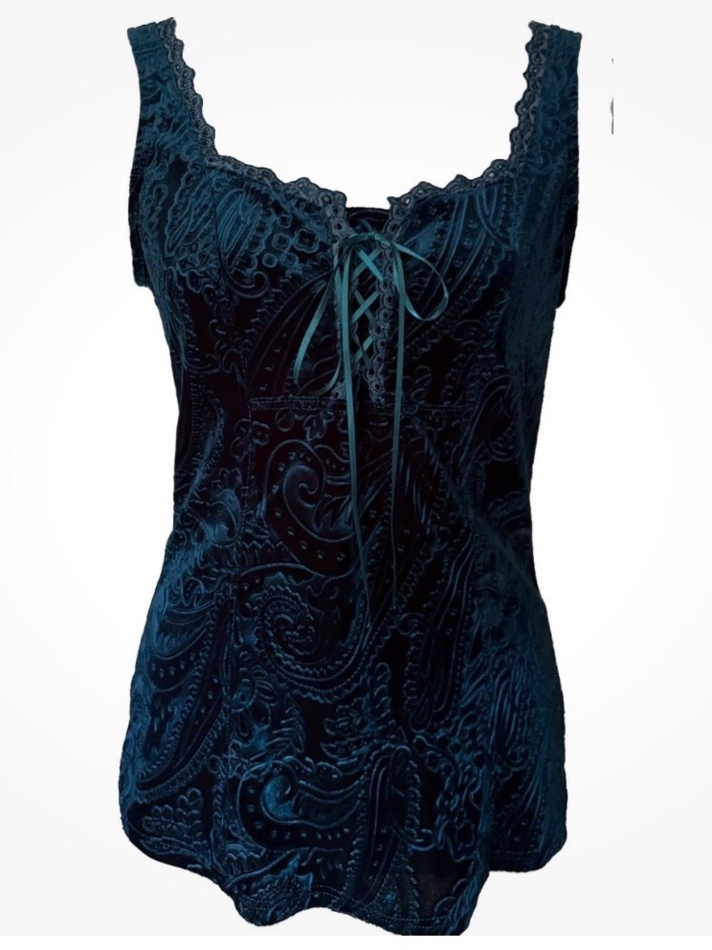 Vintage Arianne Paisley Embossed Velvet Lace-Up Tank Top ( read description)